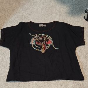 Double D Ranch Black Linen Embroidered Blouse